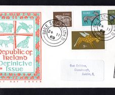 1969 Ireland Gerl Definitive stamps (third series) 5d, 6d, 9d & 5s Illustrated addressed First Day Cover (FDC) with Baile Atha Cliath (Dublin) Steele Cancel