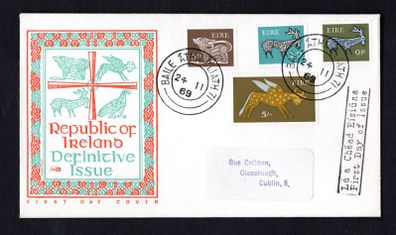 1969 Ireland Gerl Definitive stamps (third series) 5d, 6d, 9d & 5s Illustrated addressed First Day Cover (FDC) with Baile Atha Cliath (Dublin) Steele Cancel