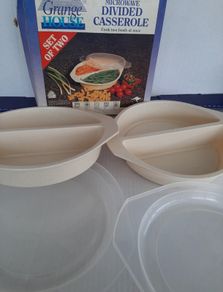 vintage new microwave divided casserole dish x 2