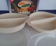vintage new microwave divided casserole dish x 2