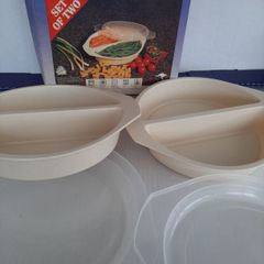 vintage new microwave divided casserole dish x 2
