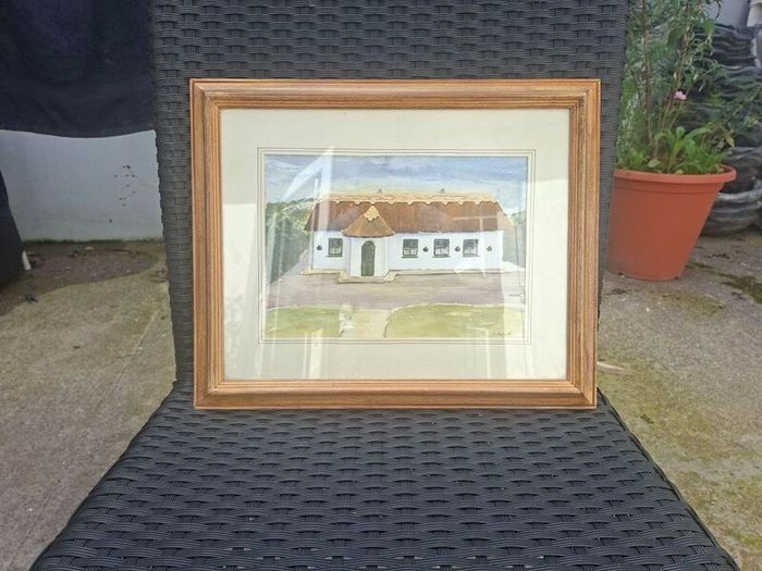 Lovely Traditional Irish thatched cottage framed & signed Watercolour Painting