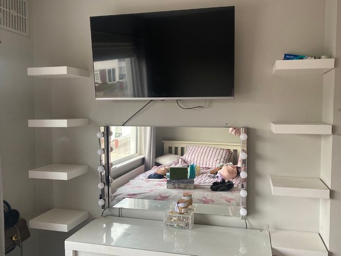 White dressing table with mirror, Hollywood lights, shelves and chair