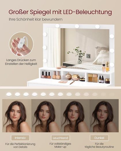 LED Dressing Table with LED Lighting, Vanity Table with Mirror, Adjustable Brightness, 2 Drawers and 3 Open Compartments