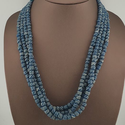 Vintage African Style White Stripe Blue 7mm -8mm Glass Beads Necklace Strand