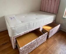 Brand New Stylish single Divan Beds.. Multiple Options Of Headboards. Tufted Memory Foam Mattresses Available. Drawers Storage Available