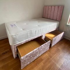 Brand New Stylish single Divan Beds.. Multiple Options Of Headboards. Tufted Memory Foam Mattresses Available. Drawers Storage Available