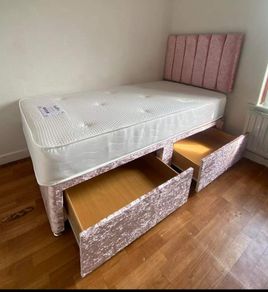 Brand New Stylish single Divan Beds.. Multiple Options Of Headboards. Tufted Memory Foam Mattresses Available. Drawers Storage Available