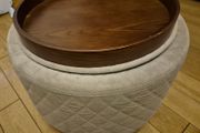 Round storage footstool with removable wooden tray