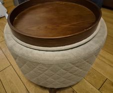 Round storage footstool with removable wooden tray