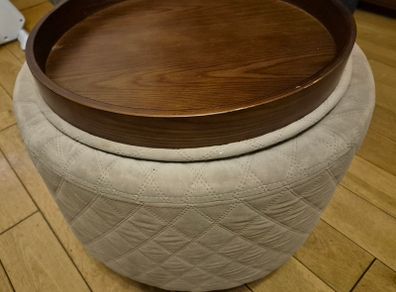Round storage footstool with removable wooden tray