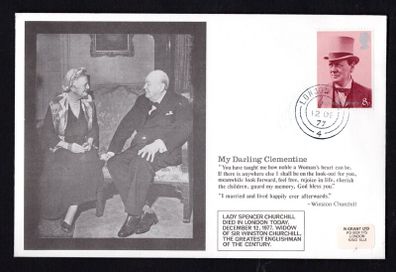 1977 Great Britain cover commemorating the death of Lady Spencer Churchill (Sir Winston Churchill's wife) tying 8p Winston Churchill Commemorative Stamp with London cancel