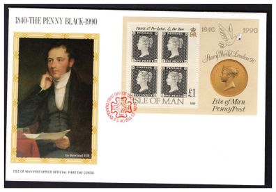 1990 Isle of Man 150th Anniversary of the Penny Black Commemorative Stamp Miniature Sheet First Day Cover (FDC)