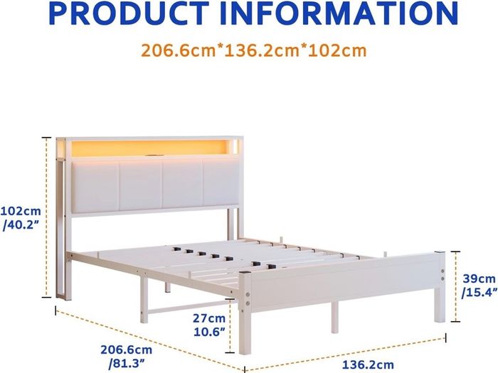 4FT6 Double Bed Frame with LED Lights and Charging Station, Heavy Duty Metal Platform Upholstered Bed frame with Storage Fabric Headboard,Metal Slats Support,Mattress Foundation (White)
