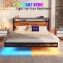 Double Size Floating Bed Frame with Wooden Headboard Storage, Brown Charging Station, LED Lights, Ergonomic 95-degree Headboard Angle, Heavy Duty Metal Slats, No Box Spring Needed Image 5
