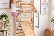 Wooden Swedish Ladder Wall Gym for Kids Indoor Climbing Playset with Slide, Swing &amp; Rings