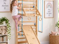 main image for ad Wooden Swedish Ladder Wall Gym for Kids Indoor Climbing Playset with Slide, Swing &amp; Rings