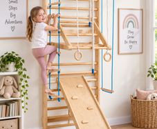 Wooden Swedish Ladder Wall Gym for Kids Indoor Climbing Playset with Slide, Swing & Rings