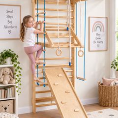 Wooden Swedish Ladder Wall Gym for Kids Indoor Climbing Playset with Slide, Swing & Rings