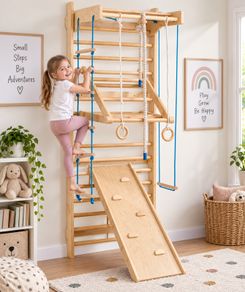 Wooden Swedish Ladder Wall Gym for Kids Indoor Climbing Playset with Slide, Swing & Rings