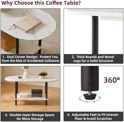 Coffee Table, Small Living Room Table, Sofa Table with Wooden Legs and 2 Tier Storage for Living Room Home Office, 35x16x17inch White Faux Marble + Black