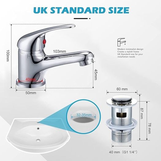 Bathroom Sink Taps with Pop up Waste Mono Basin Taps Single Lever Chrome Hot and Cold Mixer Tap
