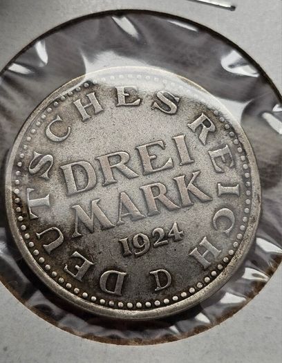 Germany Silver 1924 D 3 Mark Drei Coin