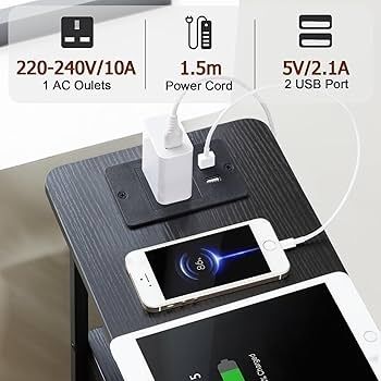 Slim Bedside Table with Charging Station, Narrow Side Table with LED Lights, Small End Table with 2 Fabric Drawers, Nightstand for Small Spaces, Living Room, Bedroom, Black