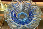 Vintage Large Art Deco Blue Glass Footed Bowl