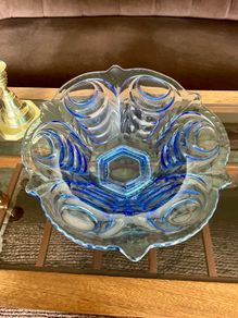 Vintage Large Art Deco Blue Glass Footed Bowl