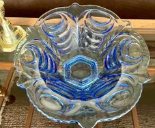 Vintage Large Art Deco Blue Glass Footed Bowl