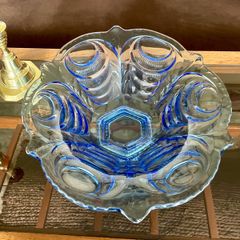 Vintage Large Art Deco Blue Glass Footed Bowl