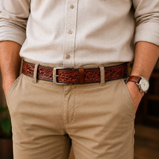Premium Genuine Leather Belt Dual Tone Vintage Embossed Design with Antique Metal Buckle