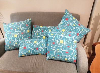 NEW Mid century fabric Five zipped cushions made with 1950s fabric