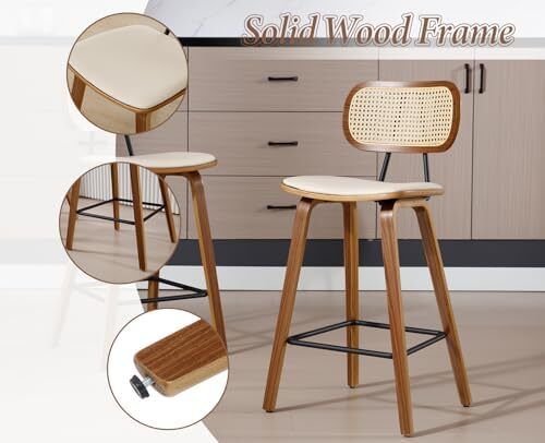 Set of 2 Rattan Bar Stools for Kitchen, Bar Chair, Counter Stool, PU Leather