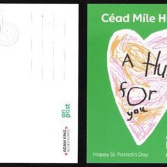 2022 Ireland An Post Adam King A Hug for you Postcard with definitive stamps tied 17th March 2022 (St Patrick's Day)