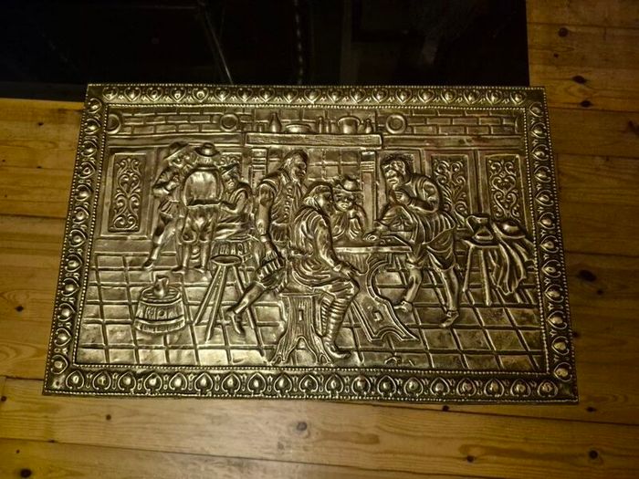 Vintage Embossed Brass Coal, Turf, Wood Storage Chest, Tavern Scene