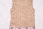 Woodland Ireland Beige Crochet Knit Handmade Floral Border Tank Top XS/S