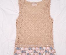 Woodland Ireland Beige Crochet Knit Handmade Floral Border Tank Top XS/S