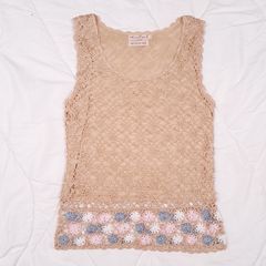 Woodland Ireland Beige Crochet Knit Handmade Floral Border Tank Top XS/S