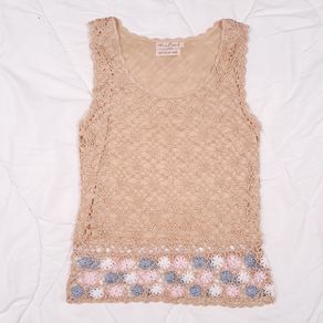 Woodland Ireland Beige Crochet Knit Handmade Floral Border Tank Top XS/S