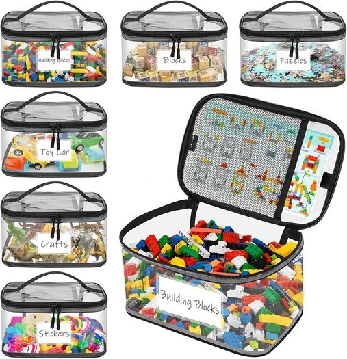 6 Pack Clear Toy Storage Bags, Storage Bags with Zipper, Clear PVC Toy Kids Organiser for Building Blocks, Puzzles, Clay, Small Models, Board Games, Books (6 Pack-L)