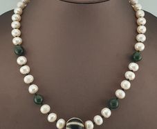 Genuine Freshwater Pearl & Green Jade Statement Necklace with Melon Dzi Pendant