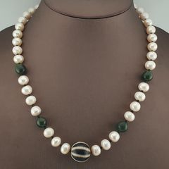 Genuine Freshwater Pearl & Green Jade Statement Necklace with Melon Dzi Pendant