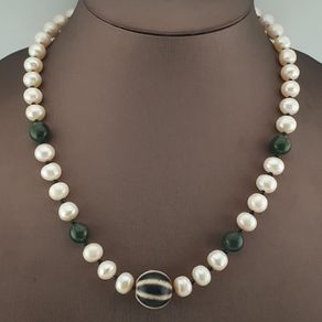 Genuine Freshwater Pearl & Green Jade Statement Necklace with Melon Dzi Pendant