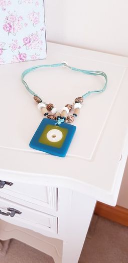 Necklace with Square Pendant and Coloured Beads