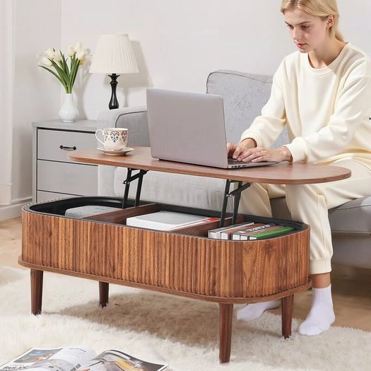 Walnut Lift Top Coffee Table, Fluted Oval Coffee Table with 3 Hidden Compartment, Mid Century Wooden Oval Center Desk with Storage