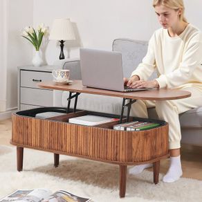 Walnut Lift Top Coffee Table, Fluted Oval Coffee Table with 3 Hidden Compartment, Mid Century Wooden Oval Center Desk with Storage