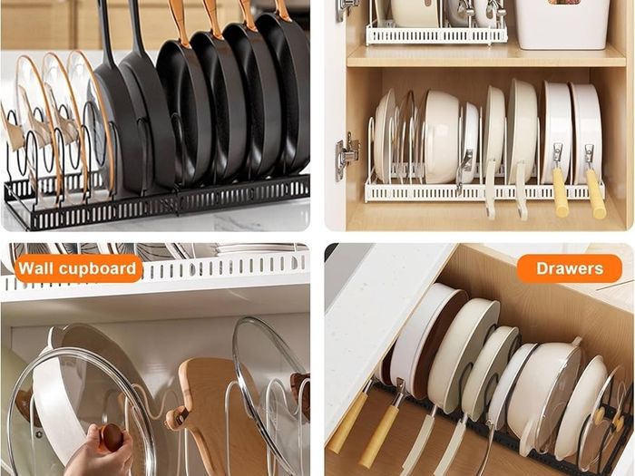 Expandable Pans Organiser Rack, Pan Lid Storage with 10 Adjustable Dividers, Pot Lid Holder, Kitchen Cupboard Organiser (White)
