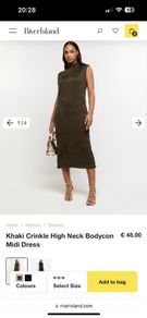 River Island high neck bodycon midi khaki crinkle dress